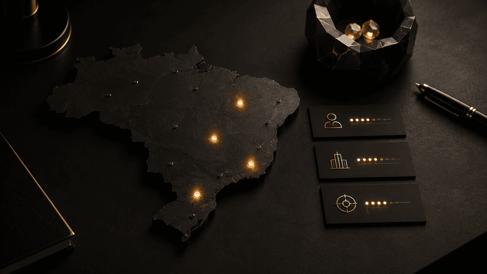 Mapa escuro do Brasil com pontos de oportunidade iluminados em dourado.